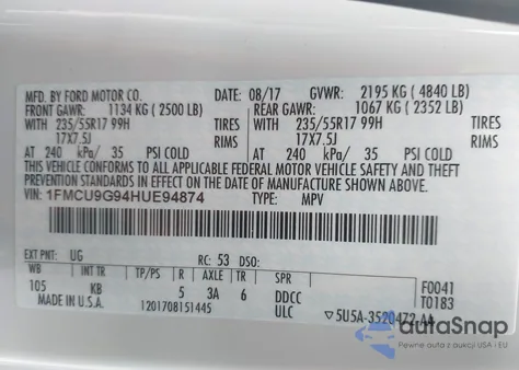 2017 Ford Escape Se from USA, damaged, VIN 1FMCU9G94HUE94874